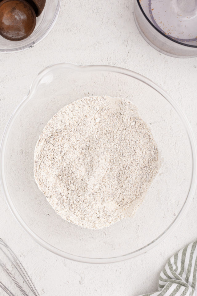 Overhead view of dry ingredients in mixing bowl