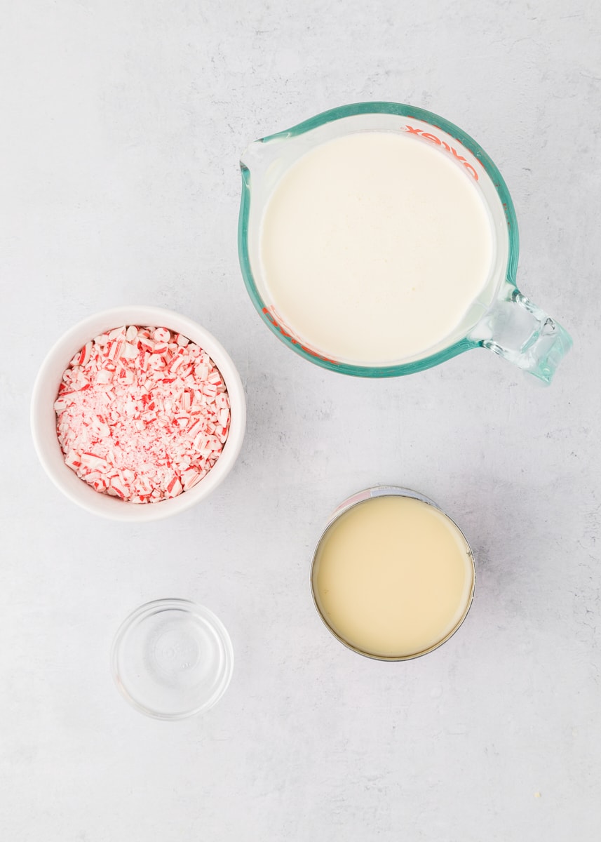 overhead view of ingredients for peppermint ice cream