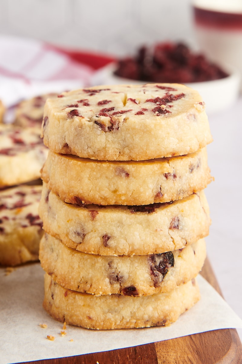 Stack of 5 thick cranberry orange shortbread cookies