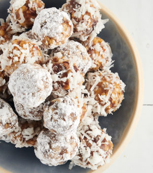 Date balls stacked in bowl