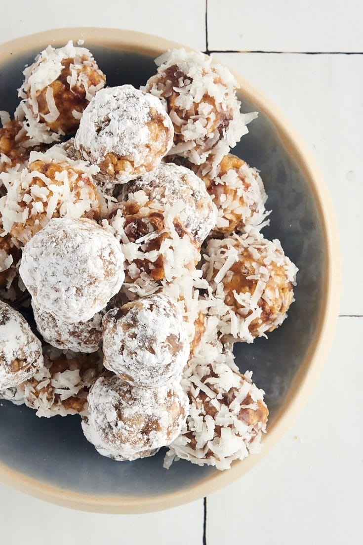 Date balls stacked in bowl