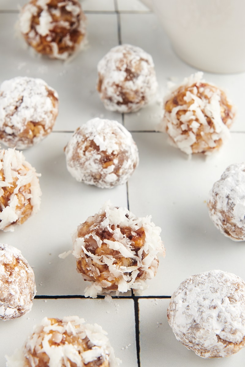 Date balls rolled in coconut and powdered sugar