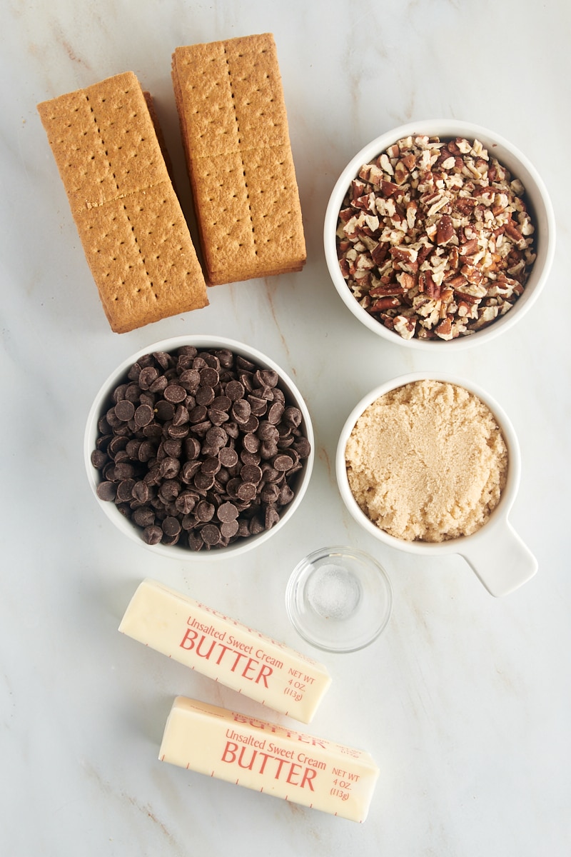 overhead view of ingredients for graham cracker toffee