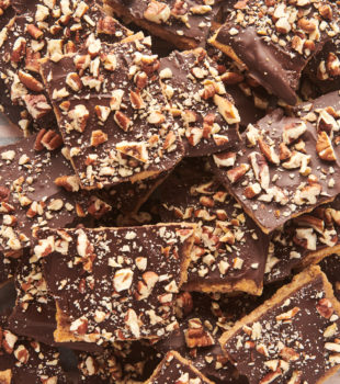 pieces of graham cracker toffee piled together