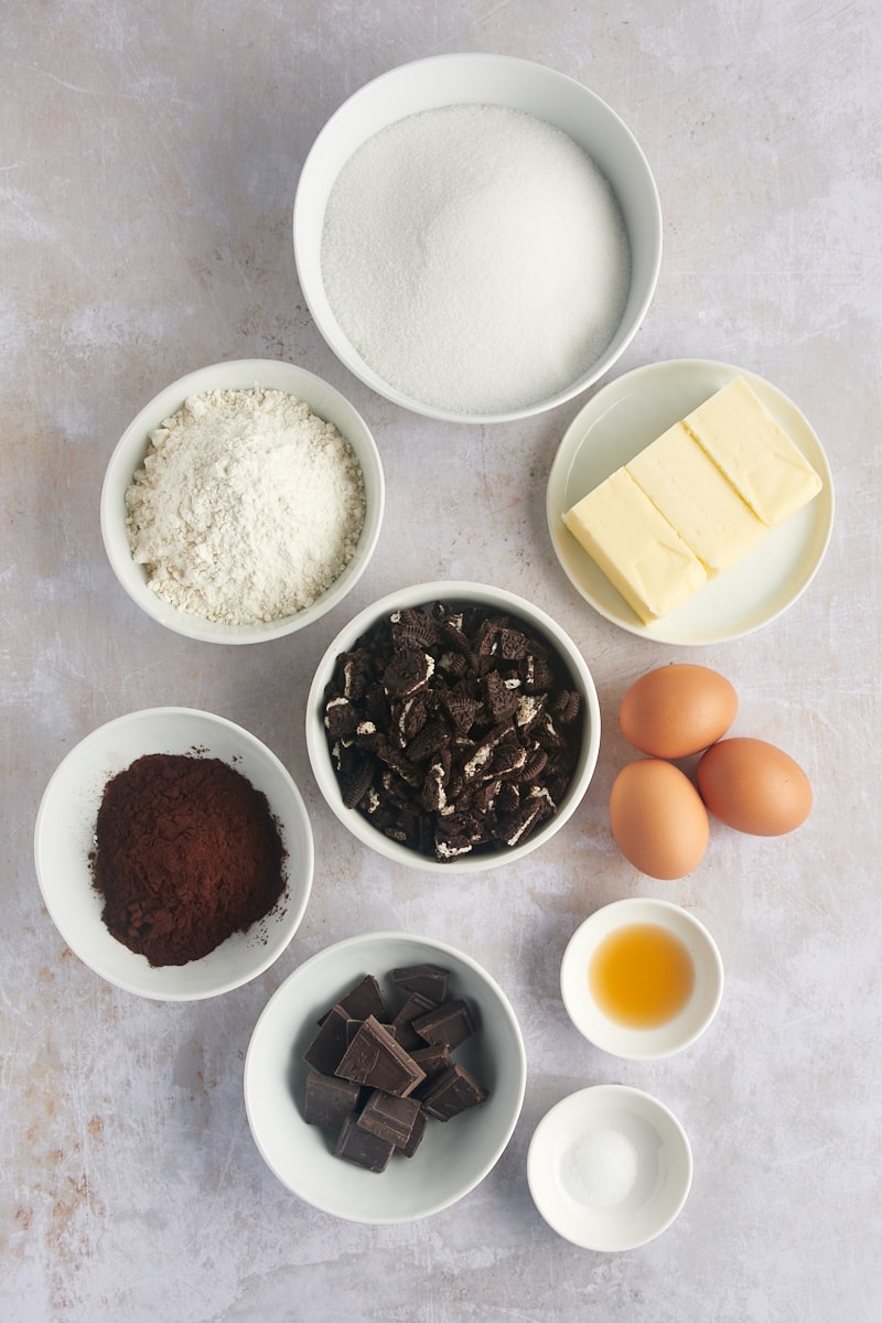 Overhead view of ingredients for Oreo brownies