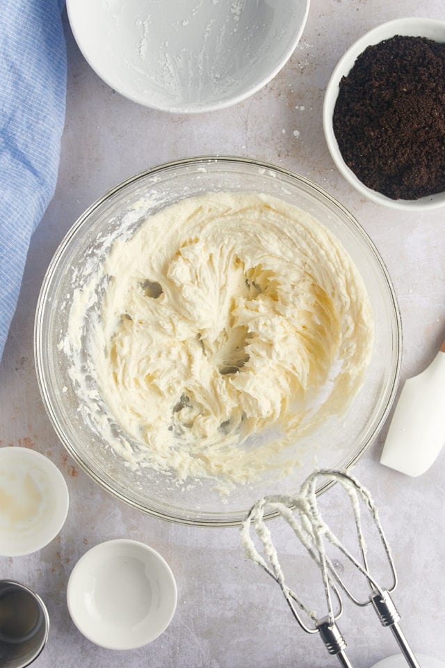 Overhead view of frosting in mixing bowl before adding Oreos
