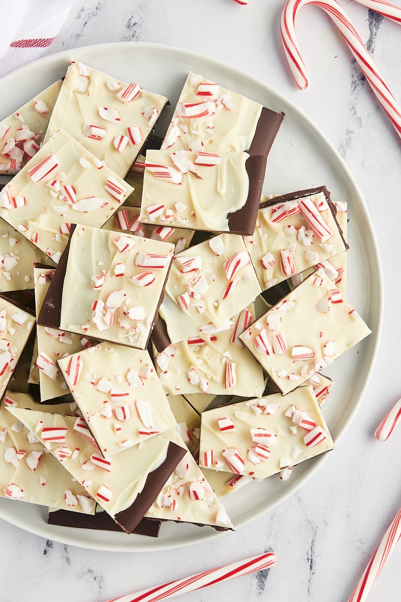 overhead view of peppermint bark piled on a large white plate