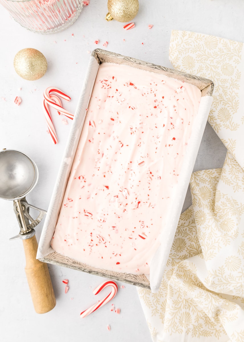 overhead view of peppermint ice cream in a metal loaf pan