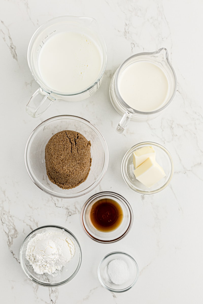 Overhead view of butterscotch pudding ingredients
