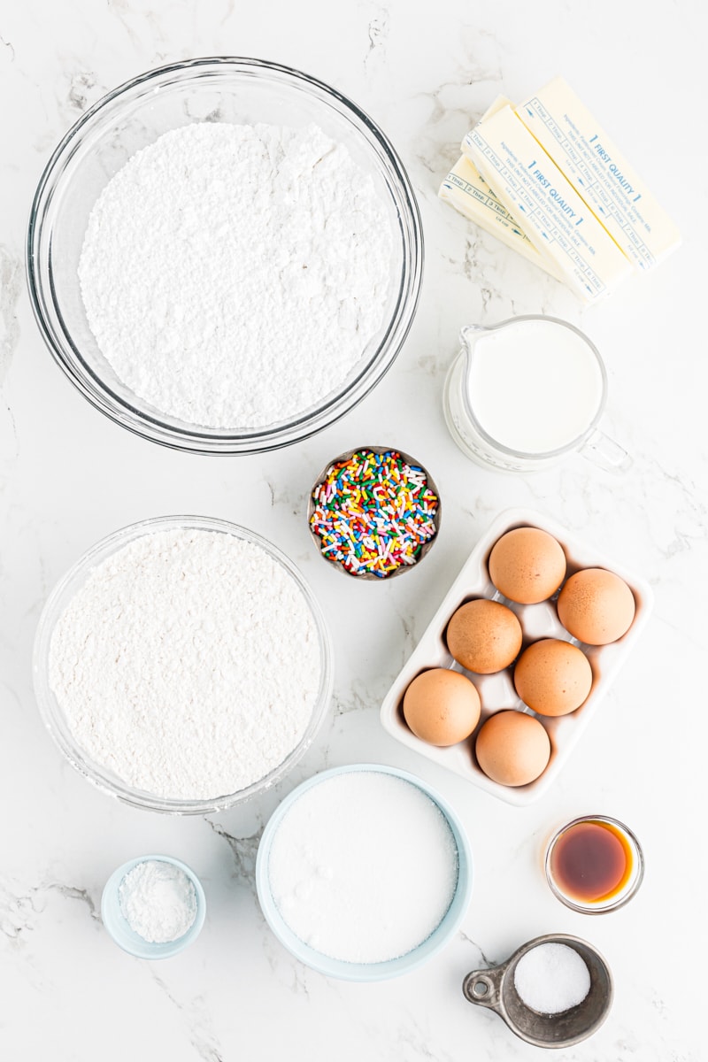overhead view of ingredients for confetti cupcakes