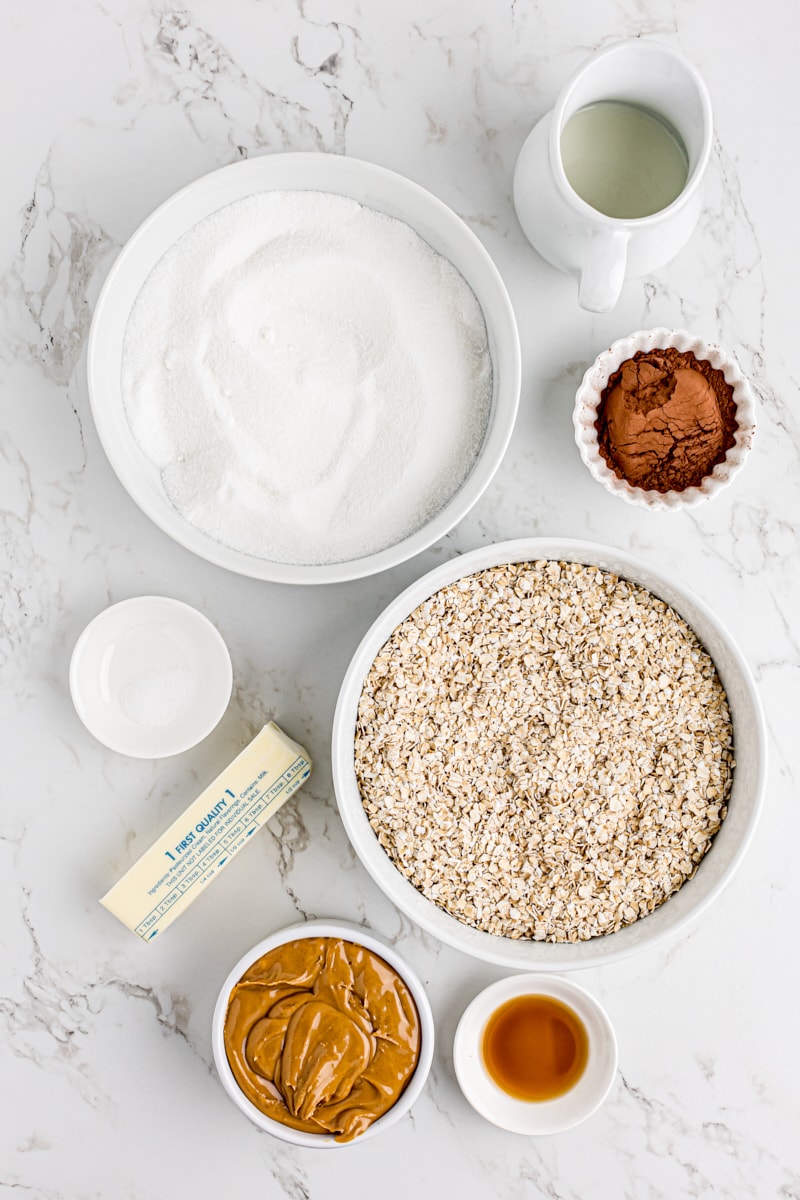 Overhead view of ingredients for no-bake chocolate oatmeal cookies