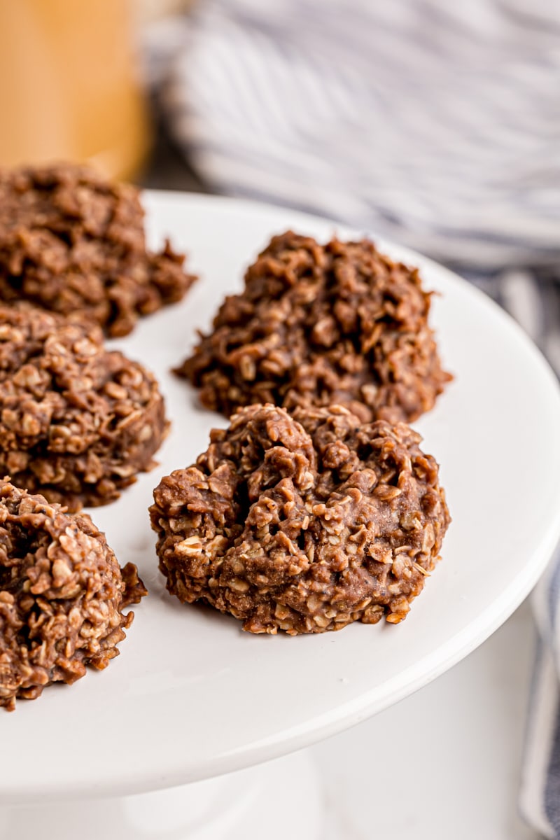 Chewy no-bake chocolate oatmeal cookies on cake stand