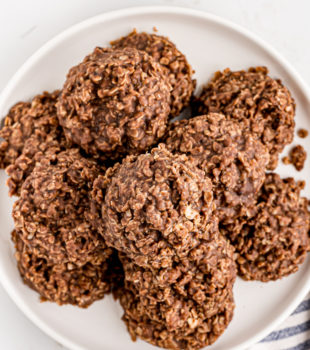 Overhead view of no-bake chocolate oatmeal cookies on plate