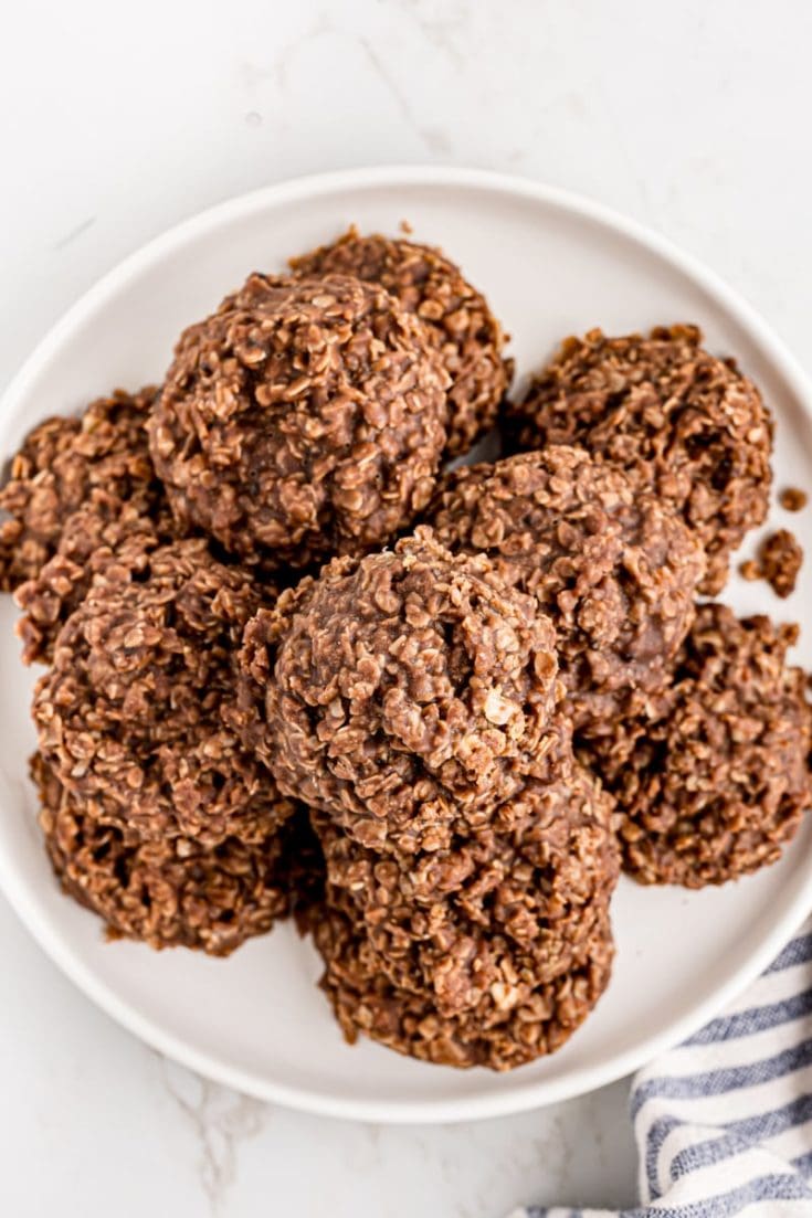 Overhead view of no-bake chocolate oatmeal cookies on plate