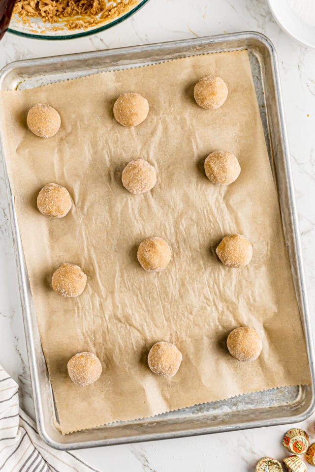 Pan of peanut butter cookie dough balls