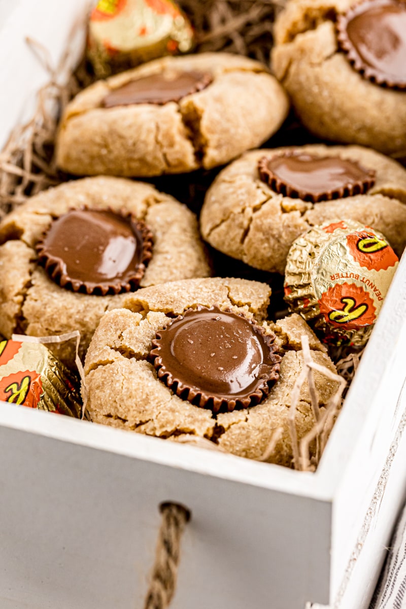 Box of peanut butter cup cookies with wrapped Reese's cups