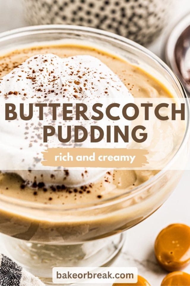 a bowl of butterscotch pudding topped with whipped cream and cocoa powder; text overlay "butterscotch pudding rich and creamy bakeorbreak.com"