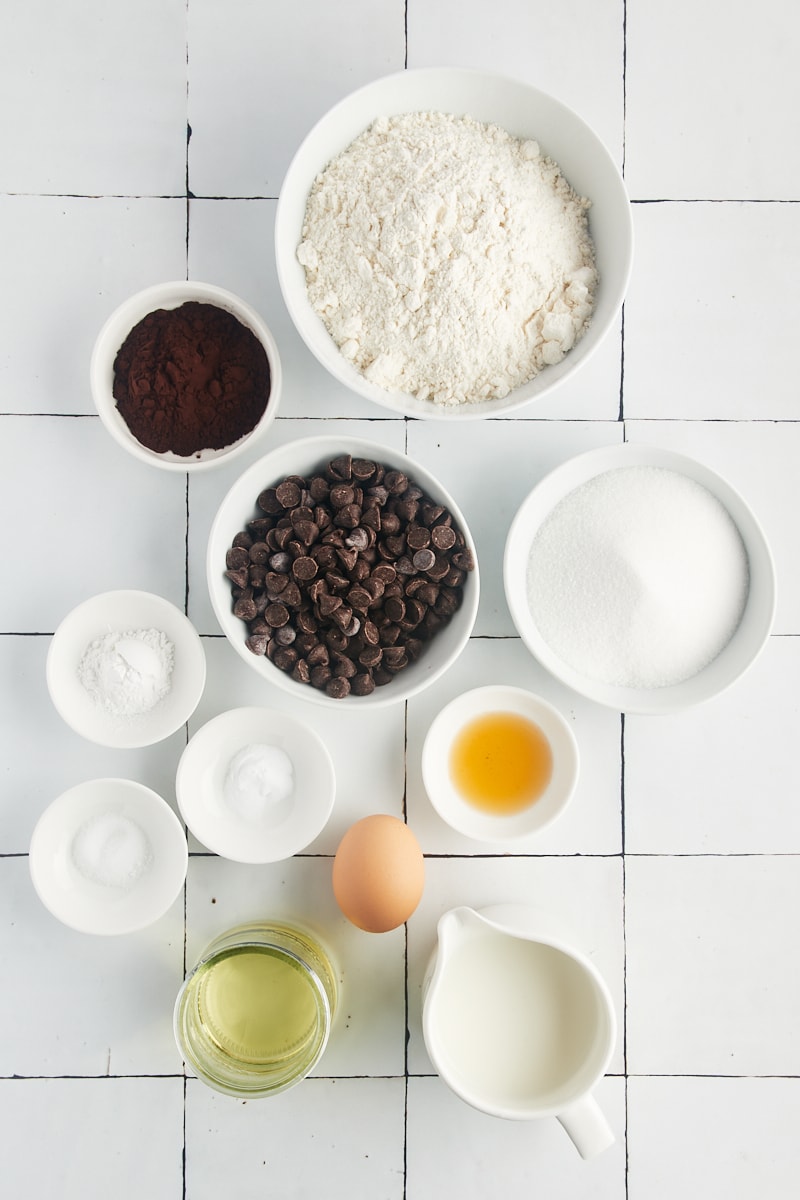 Overhead view of ingredients for chocolate chocolate chip muffins