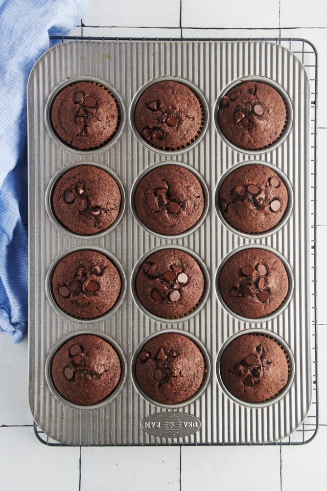 Overhead view of chocolate chocolate chip muffins in pan