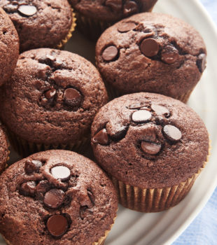 Plate of chocolate chocolate chip muffins
