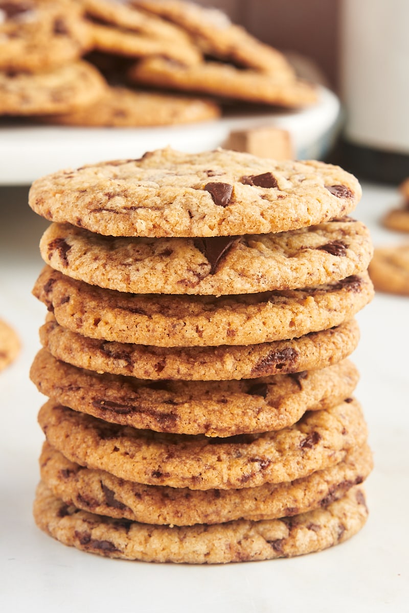 Stack of thin and crispy chocolate chip cookies