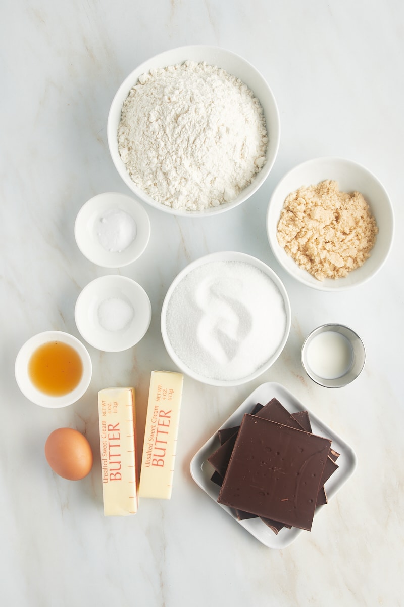 Overhead view of ingredients for crispy chocolate chip cookies