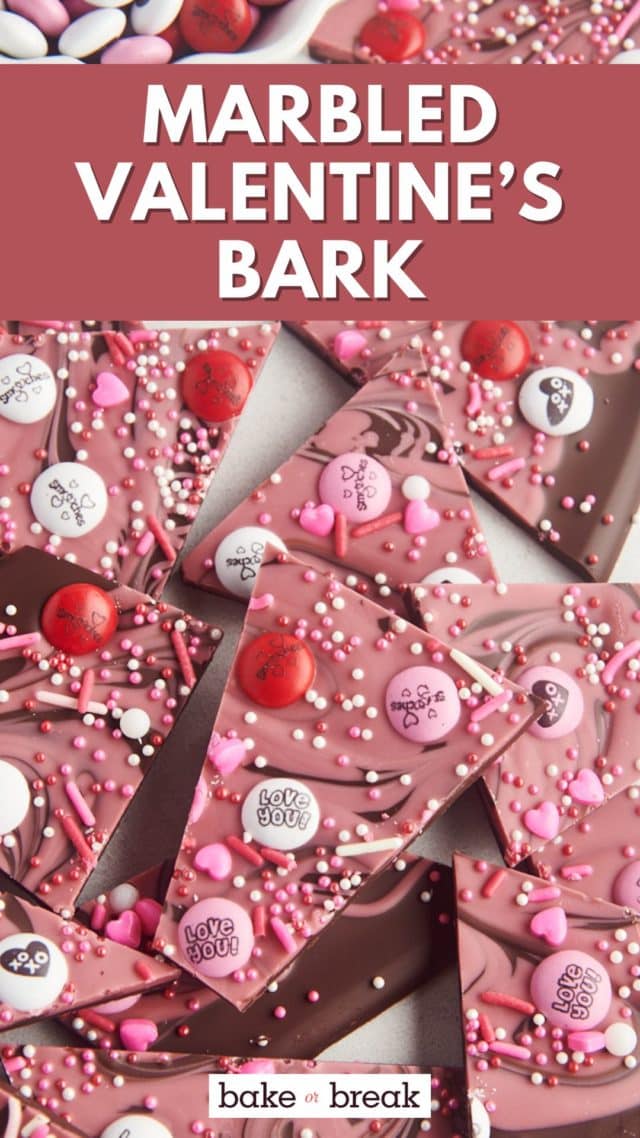 photo of several pieces of marbled Valentine's chocolate bark with a text overlay that says "marbled Valentine's bark bake or break"