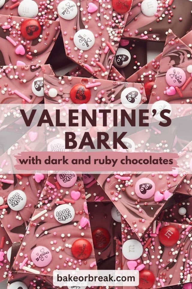 photo of a pile of marbled Valentine's chocolate bark with text overlay that says "Valentine's Bark with dark and ruby chocolates bakeorbreak.com"