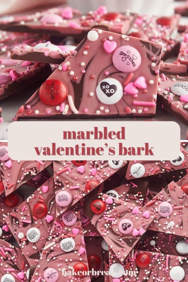a close-up photo of a piece of marbled Valentine's Day chocolate bark above another photo of a pile of bark; text overlay "marbled valentine's bark bakeorbreak.com"
