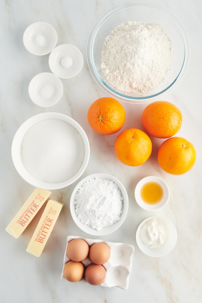 overhead view of ingredients for orange pound cake