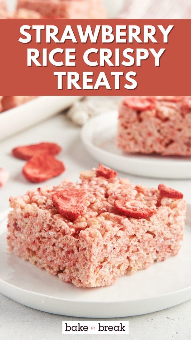photo of a strawberry rice crispy treat on a white plate with text overlay "strawberry rice crispy treats bake or break"
