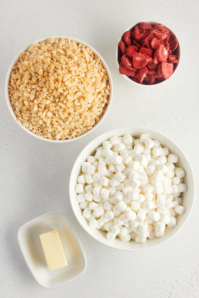 overhead view of ingredients for strawberry rice crispy treats