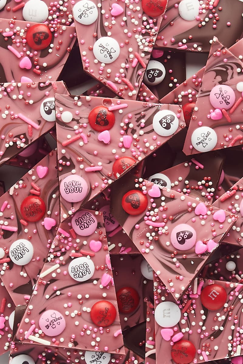 overhead close-up view of pieces of marbled Valentine's bark