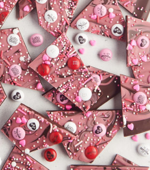 overhead view of several pieces of marbled Valentine's bark on a white surface