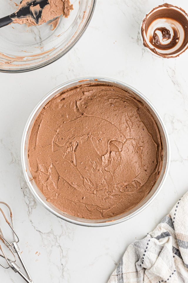 Overhead view of chocolate mousse in cake pan