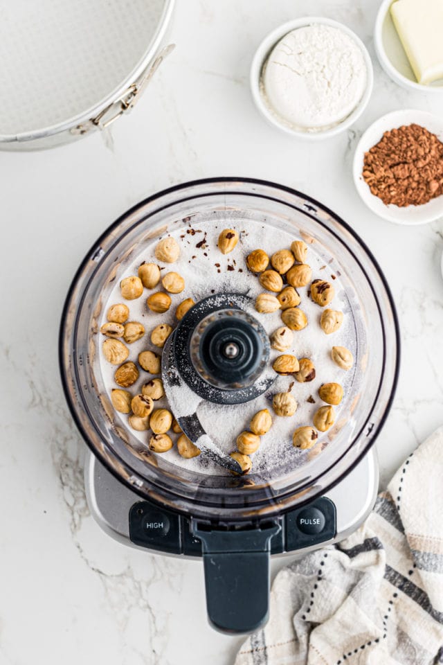 Overhead view of hazelnuts and sugar in food processor