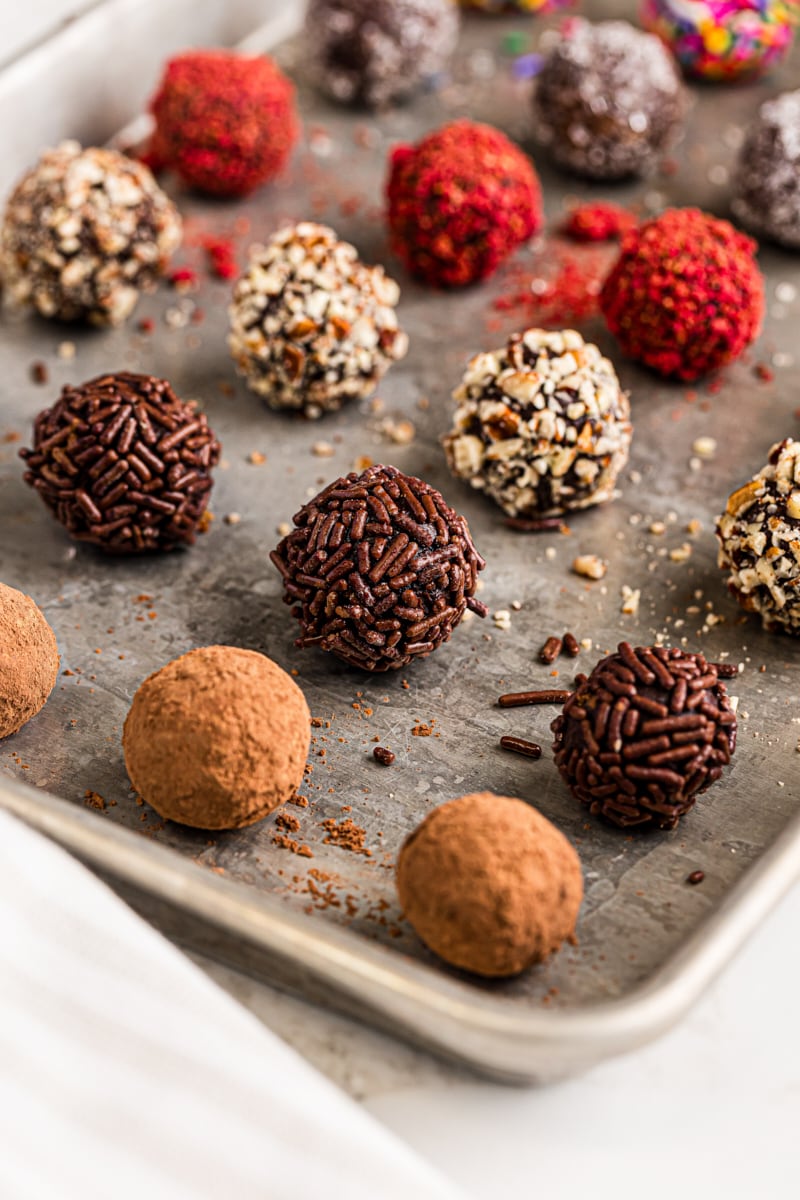 chocolate truffles on a baking sheet