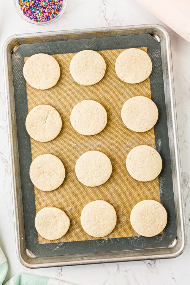 overhead view of freshly baked Lofthouse cookies on a baking sheet