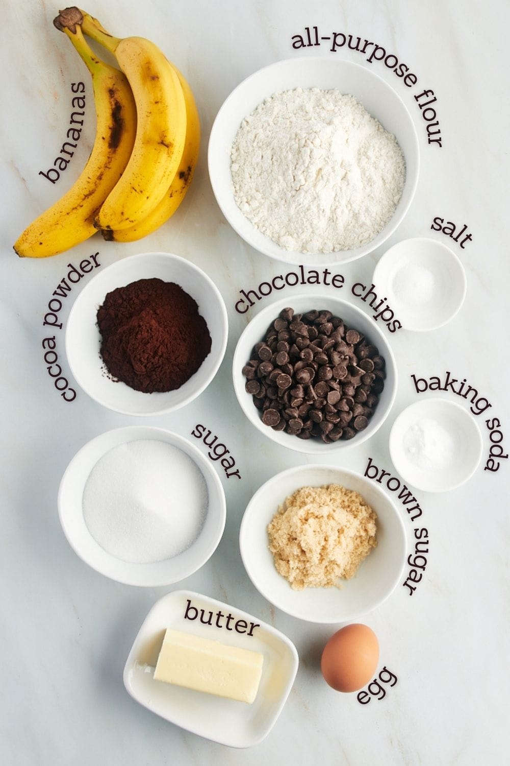 overhead view of ingredients for chocolate banana muffins