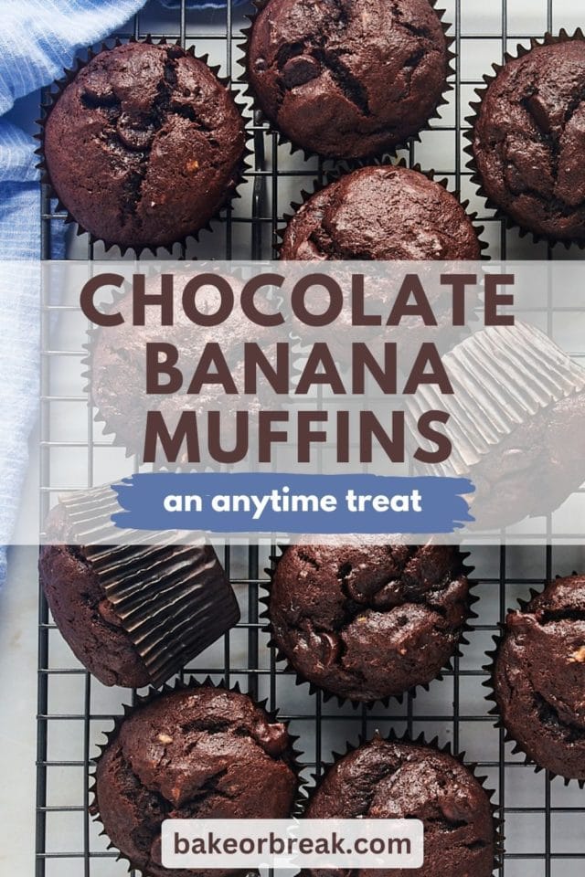 image of chocolate banana muffins on a wire rack; text overlay "chocolate banana muffins an anytime treat bakeorbreak.com"