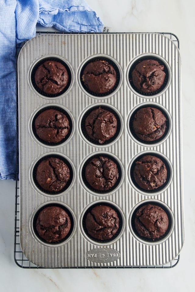 Overhead view of chocolate banana muffins in pan