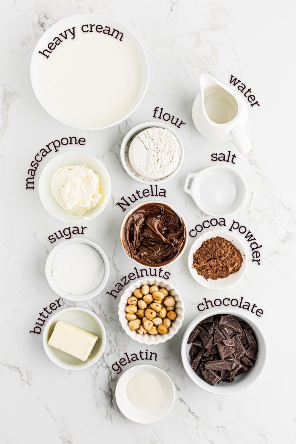 overhead view of ingredients for Chocolate Hazelnut Mousse Cake