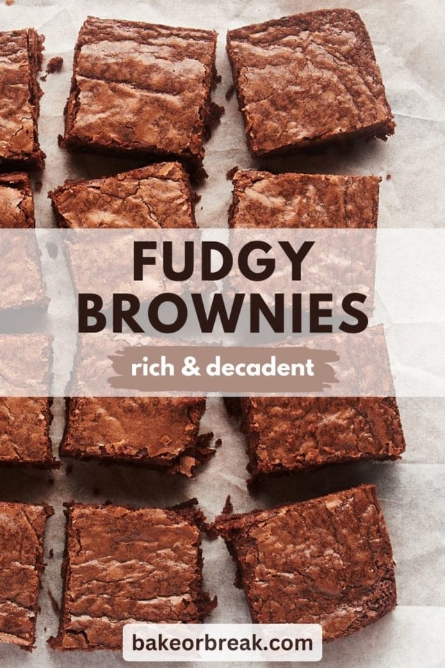 brownies on parchment paper; text overly "fudgy brownies rich & decadent bakeorbreak.com"