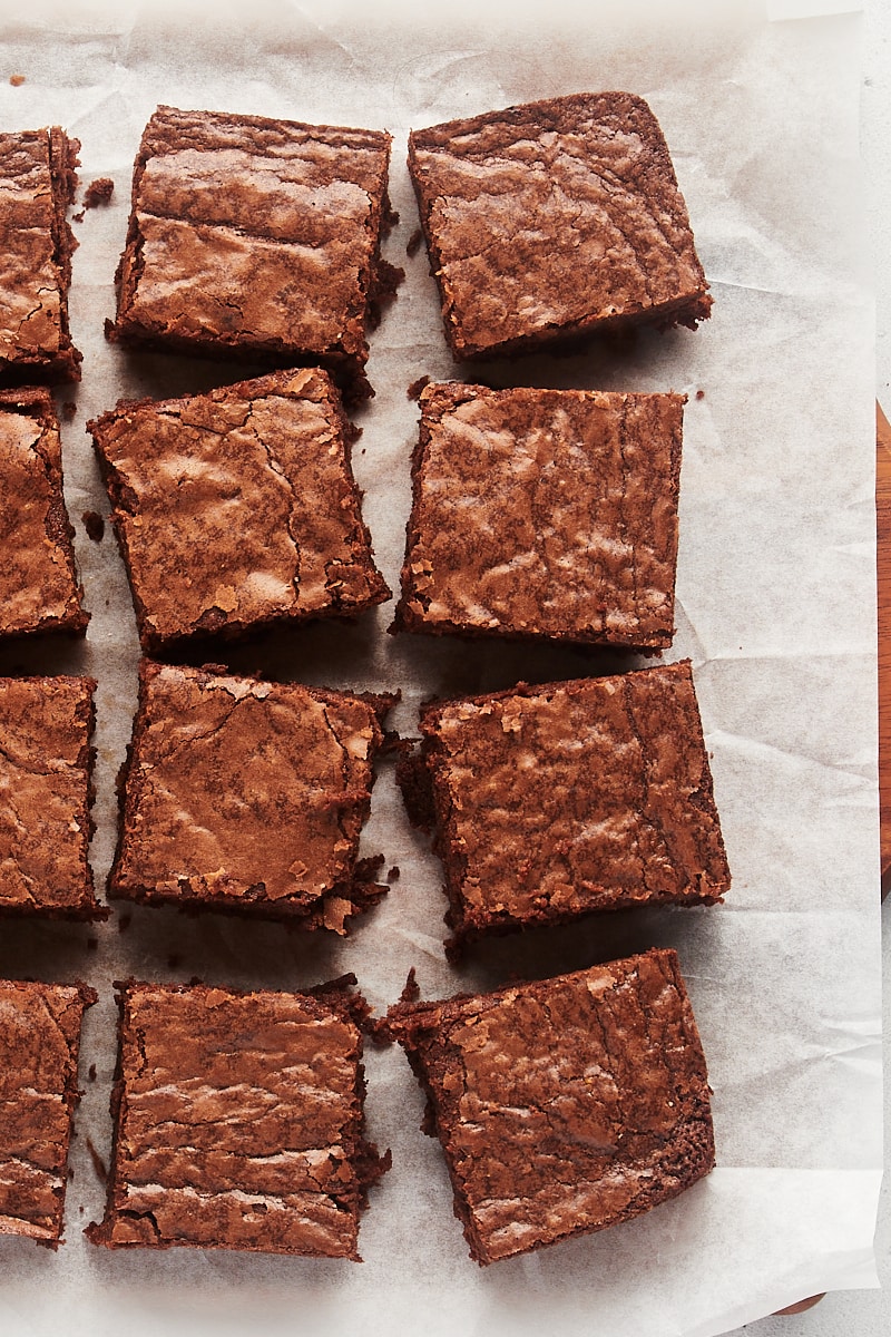 Overhead view of fudgy brownies cut into squares
