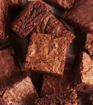 Overhead view of pile of fudgy brownies