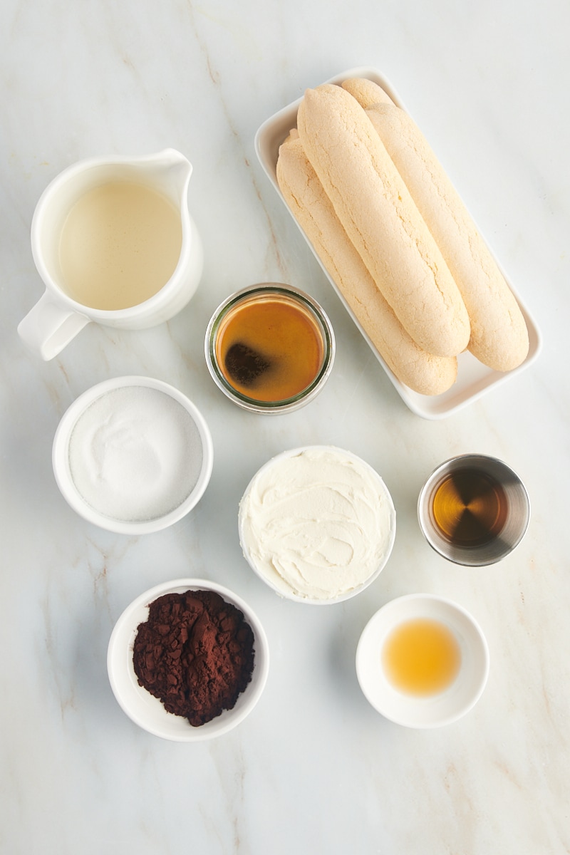 overhead view of ingredients for tiramisu for two