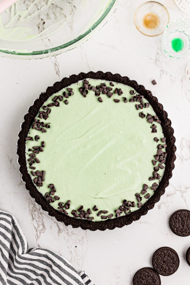 overhead view of grasshopper pie topped with chocolate curls