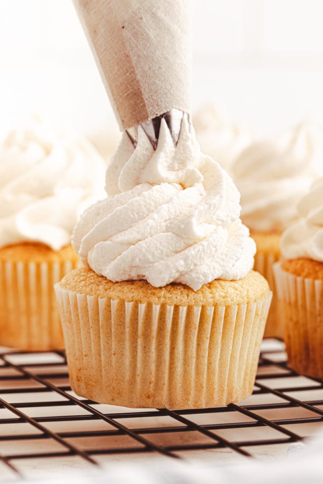 Swiss meringue frosting being piped onto a vanilla cupcake