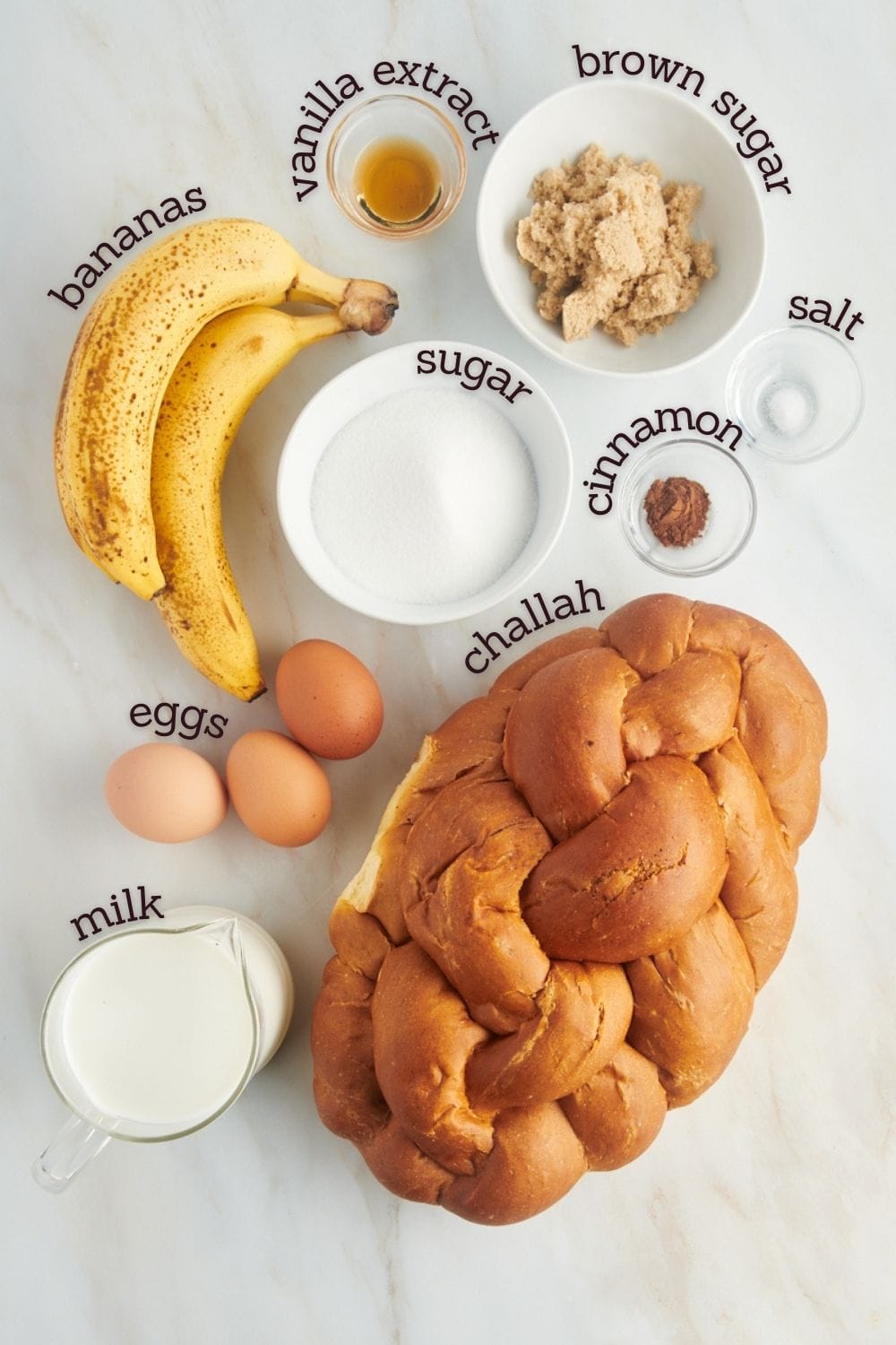 Overhead view of ingredients for banana bread pudding
