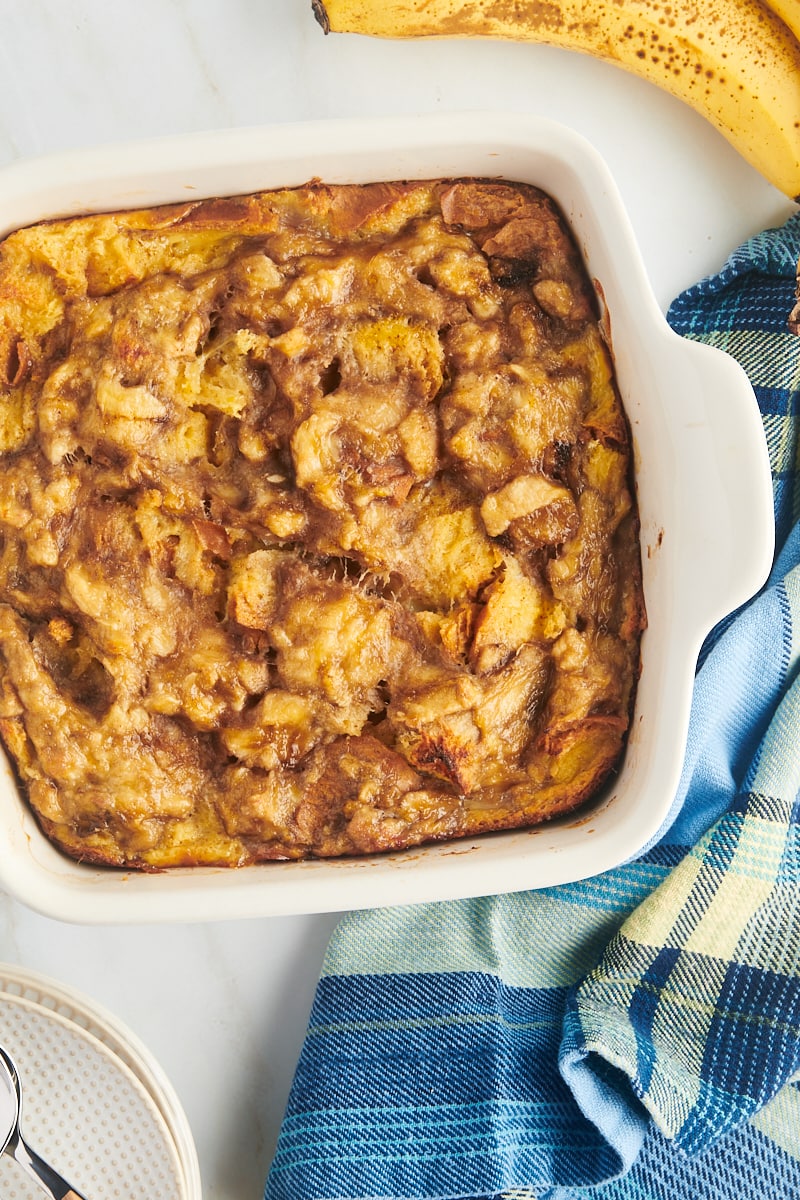 Overhead view of banana bread pudding in pan